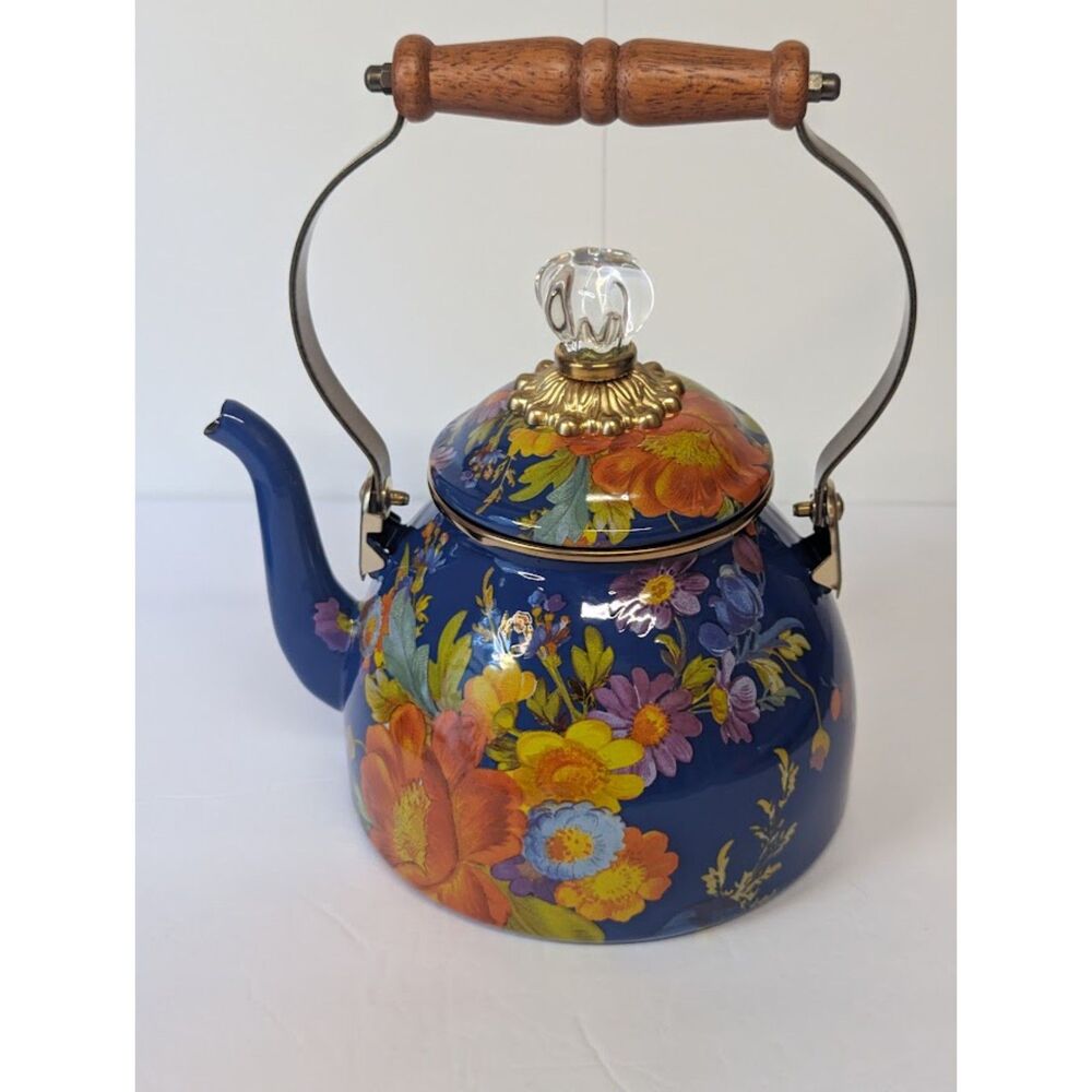 MacKenzie-Childs Flower Market 2-Quart Tea Kettle Lapis Blue Enamel Boxed